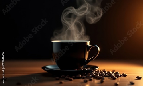 On wooden table there is black coffee cup with steam rising from it on black background with backlight. Coffee beans are lying next to it. TConcept of taste, aroma, warmth and comfort photo