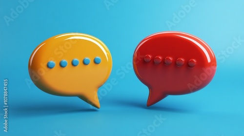 Vibrant 3D speech bubbles, one yellow and one red, face each other on a blue background, symbolizing communication and dialogue in a modern, minimalist style.
