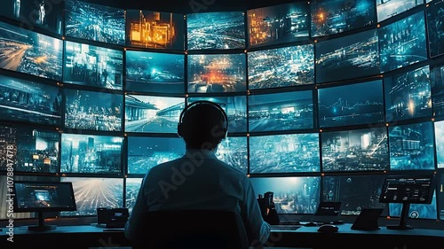 A vigilant operator observes a network of CCTV cameras, safeguarding the city and its inhabitants from potential threats. Perfect for security, surveillance, and urban safety projects.