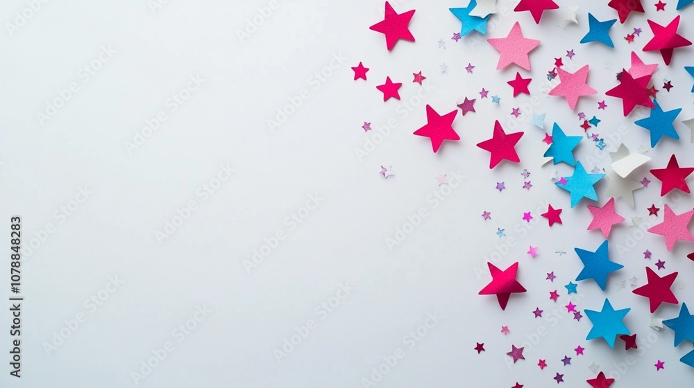 Vibrant paper stars in shades of pink and blue scattered across a white background, creating a festive and playful composition perfect for celebrations. Vibrant paper stars in shades of pink and blue scattered across a white background, creating a festive and playful composition perfect for celebrations.