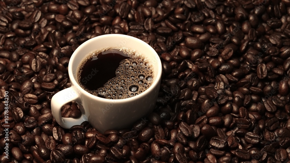 Top view of coffee or espresso with piles of coffee beans. Close up of fresh roasted coffee bean scatter around wooden table with cup of americano and aromatic stream and smoke from seed. Comestible. Top view of coffee or espresso with piles of coffee beans. Close up of fresh roasted coffee bean scatter around wooden table with cup of americano and aromatic stream and smoke from seed. Comestible.