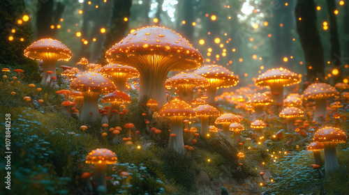 A vibrant forest floor, carpeted with glowing mushrooms, bathed in the soft light of bioluminescent fireflies.