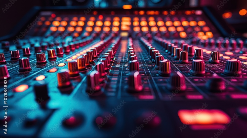 Close-up of a vibrant audio mixing console with illuminated controls. Close-up of a vibrant audio mixing console with illuminated controls.