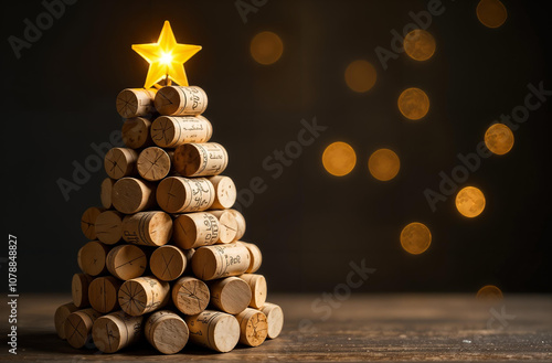 New Year card. Christmas tree made of wine corks (from wine bottles), a star on the top, dark background, bokeh, place for an inscription