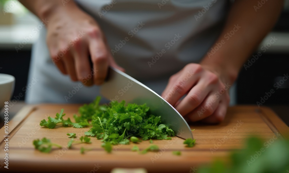 Cook cuts greenery on a wooden chopping board in the kitchen Cook cuts greenery on a wooden chopping board in the kitchen