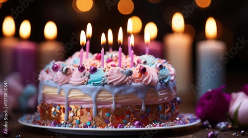 A cake with candles on it with a pink frosting and sprinkles