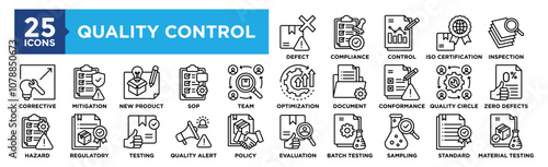Quality Control icon collection set. Containing design Defect Detection, Compliance Check, Control Chart, ISO Certification, Material Inspection