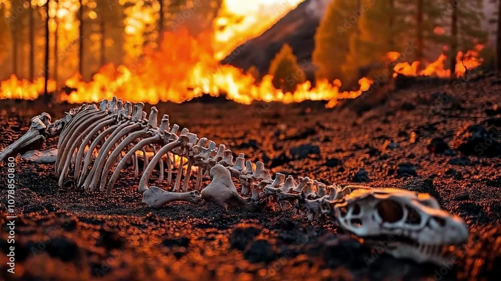 Remains of dinosaur surrounded by fiery landscape of destruction ...