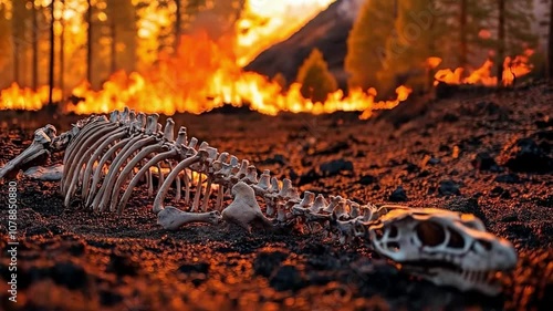 Remains of dinosaur surrounded by fiery landscape of destruction. Concept of mass extinction and the fall of prehistoric life.
