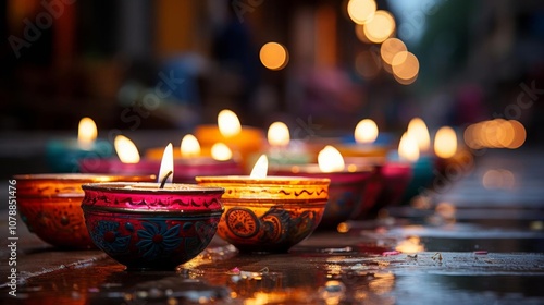 A row of colorful candles are lit up in a row