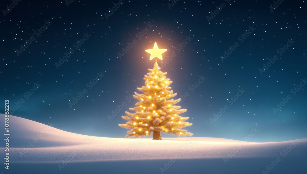 Christmas tree with lights and star in snowy night landscape Christmas tree with lights and star in snowy night landscape