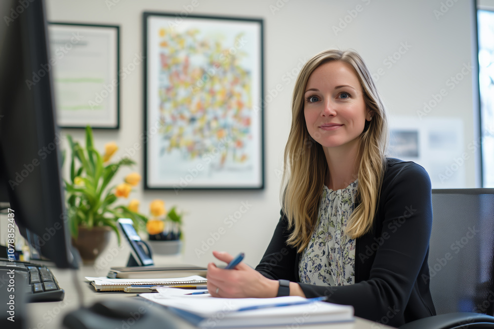 Professional Woman at Office Desk with Flowers
Professional Woman at Office Desk with Flowers
