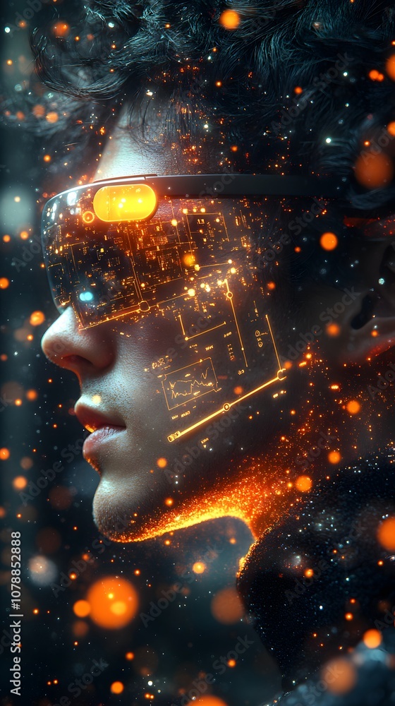 A futuristic portrait of a person wearing augmented reality glasses with glowing digital elements. A futuristic portrait of a person wearing augmented reality glasses with glowing digital elements.