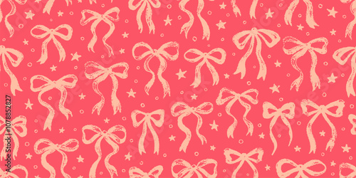 Bow pattern. Seamless ribbon, cute Christmas. Pink vector print. Crayon bow for gift present seamless illustration. Vintage background for Valentine, Christmas. Repeat pastel pattern. Holiday ribbon