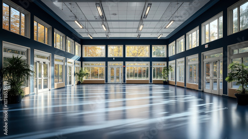 Spacious indoor hall with large windows and blue floor, natural light streaming in, green potted plants, modern ceiling lights, surrounded by autumn trees.