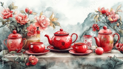 Watercolor depiction of a festive tea ritual featuring red tea sets, decorative lanterns, and floral elements, evoking holiday traditions. photo