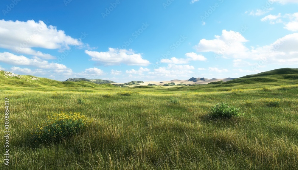 Fototapeta premium 3D illustration of the rolling grasslands, with hills covered in short green grass and sparse shrubs, and scattered sand dunes visible on the horizon