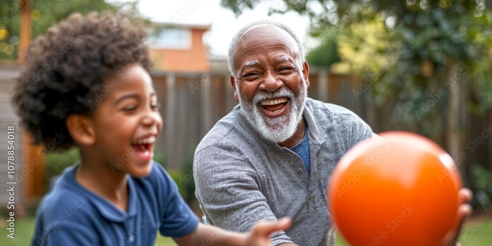 Fototapeta premium A joyful moment shared between a grandfather and grandson playing with an orange ball. Their laughter fills the air in a sunny backyard. A beautiful scene of family bonding. AI