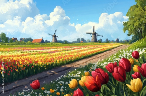 A painting of a field with two windmills and a road in the background. The field is full of flowers, including tulips and daisies. The mood of the painting is peaceful and serene, with the windmills