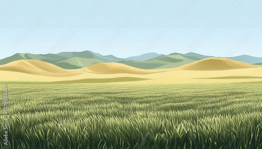A digital rendering of an endless grassland with rolling hills and some small sand dunes in the background. A digital rendering of an endless grassland with rolling hills and some small sand dunes in the background.