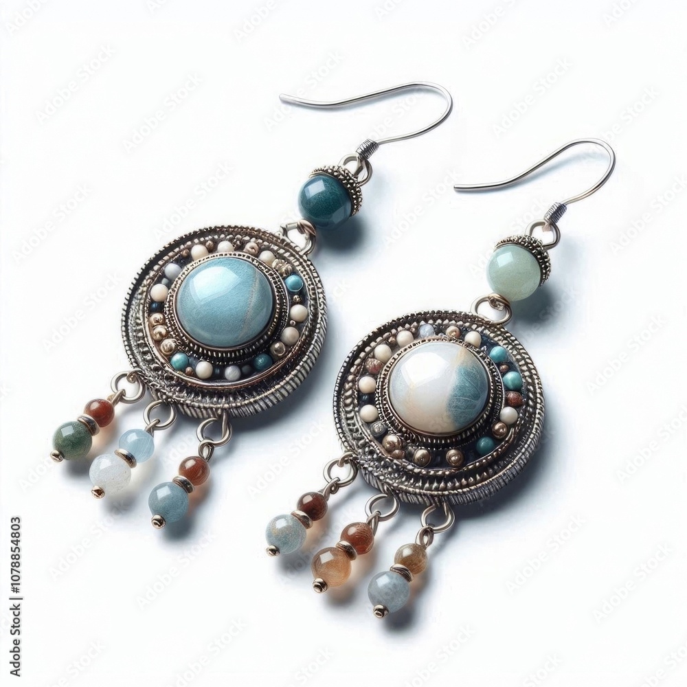A pair of handmade earrings featuring stone and metal round beads, presented on a white background. AI generated.
A pair of handmade earrings featuring stone and metal round beads, presented on a white background. AI generated.