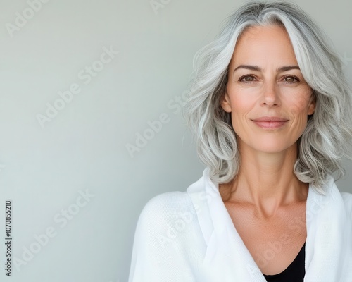 Mature woman with soft, radiant skin in natural light, ageless beauty, timeless grace and confidence