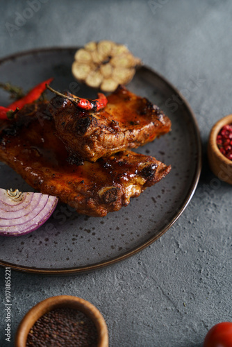 grilled juicy ribs with vegetables