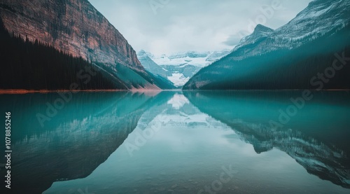 A serene lake reflecting the majestic mountains in an uncluttered and minimalist style, with high resolution and cinematic quality photo