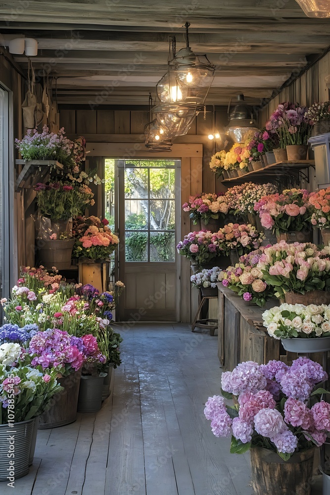 Fototapeta premium A charming flower shop filled with colorful blooms, fragrant arrangements, and rustic decor inviting customers inside.