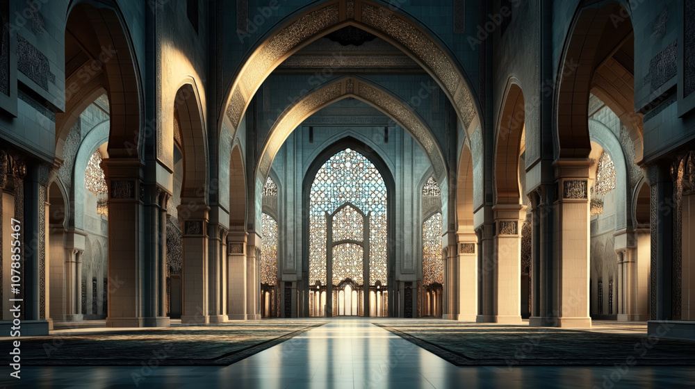 Fototapeta premium Luxurious and spacious interior of a grand mosque with intricate geometric patterns, tall arches, and soft ambient lighting creating a serene and majestic atmosphere.