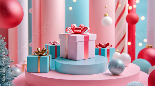 Vibrant Holiday Podium Scene Featuring Christmas Gift Boxes and Decorative Ribbons
