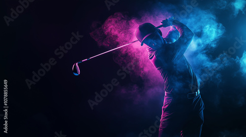 A dramatic neon-lit illustration of a golfer mid-swing, surrounded by vibrant pink and blue smoke effects against a dark background. The glowing atmosphere highlights the elegance and precision of the