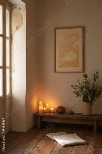 Wooden frame containing minimal cinema poster the center point warm candlelit room generated illustration photo