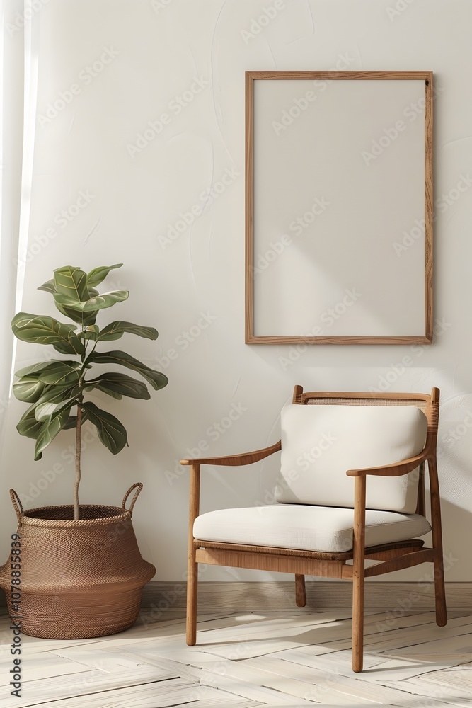 Wooden frame displaying minimalistic modern movie poster contemporary room generated illustration Wooden frame displaying minimalistic modern movie poster contemporary room generated illustration