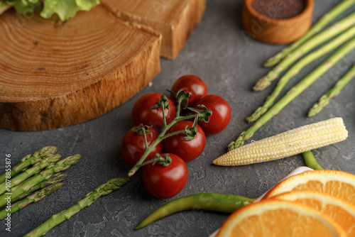 a branch of cherry tomatoes on a dark background