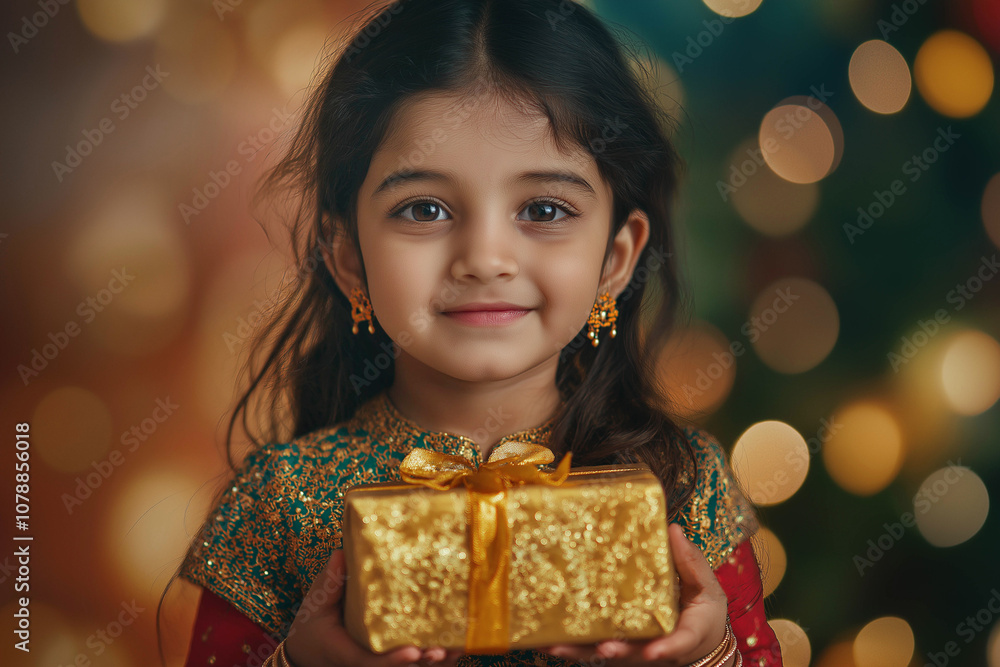 A six-year-old girl of Indian appearance holds a New Year's gift in her hand against a shiny background. Advertising banner, New Year concept. A six-year-old girl of Indian appearance holds a New Year's gift in her hand against a shiny background. Advertising banner, New Year concept.
