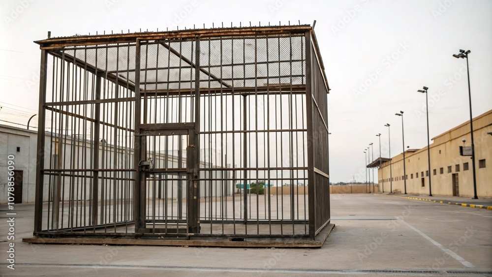Large metal cage on an empty industrial background under daylight Large metal cage on an empty industrial background under daylight