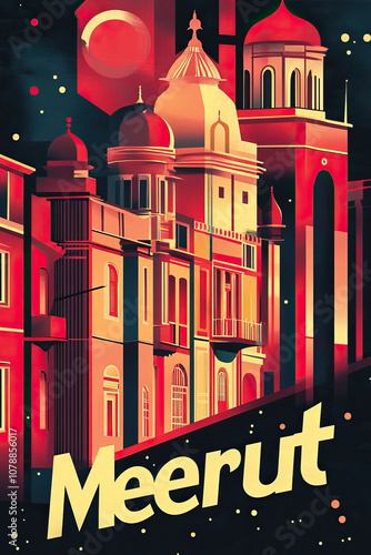 Meerut, India, modern vintage travel poster, wallpaper, background, banner, backdrop, retro card print. Artistic, artsy, trendy, simple, clear. Dark, red, blue, white, black