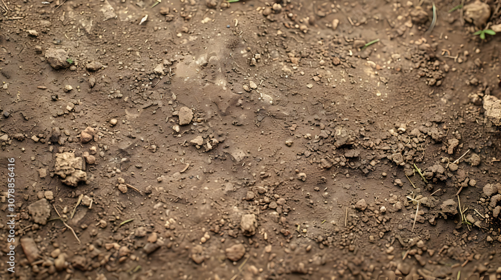 Close-Up View of Brown Soil with Small Stones and Grass Fragments, a Rough and Uneven Texture, Perfect for Backgrounds or Textures Close-Up View of Brown Soil with Small Stones and Grass Fragments, a Rough and Uneven Texture, Perfect for Backgrounds or Textures