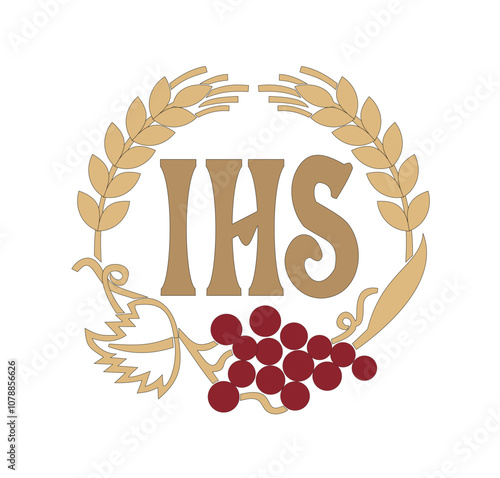 IHS GOLD EMBROIDERY FOR LITURGICAL CLOTHES AND SACRED CEREMONIES. SACRED CATHOLIC SYMBOLS IN ANCIENT STYLE WITH GOLDEN DECORATIONS