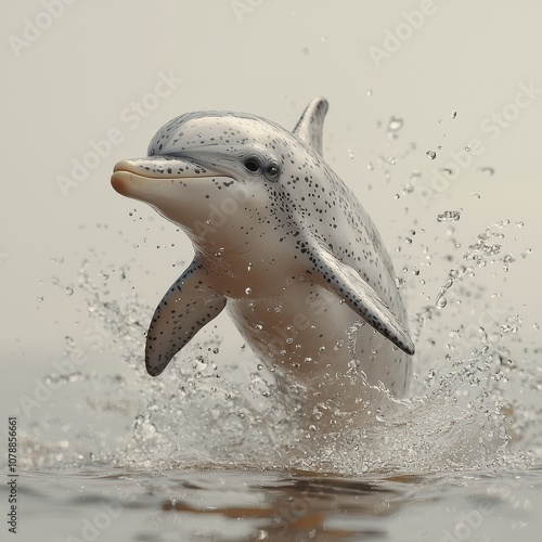 Spotted dolphin leaping from water with spray.