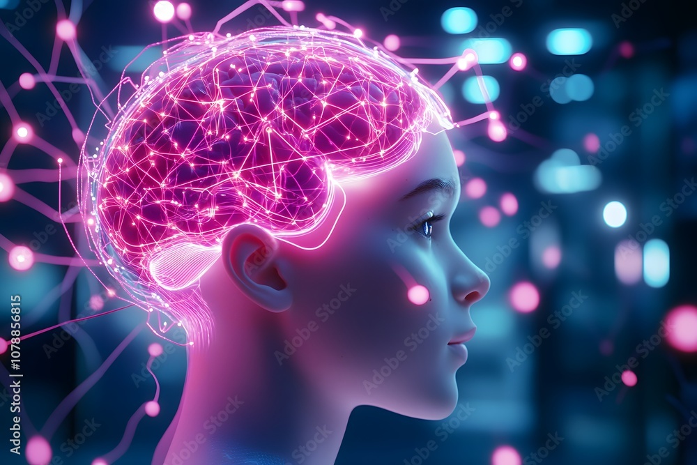 A human head with glowing neural connections in the brain, glowing data points around it, dark background A human head with glowing neural connections in the brain, glowing data points around it, dark background