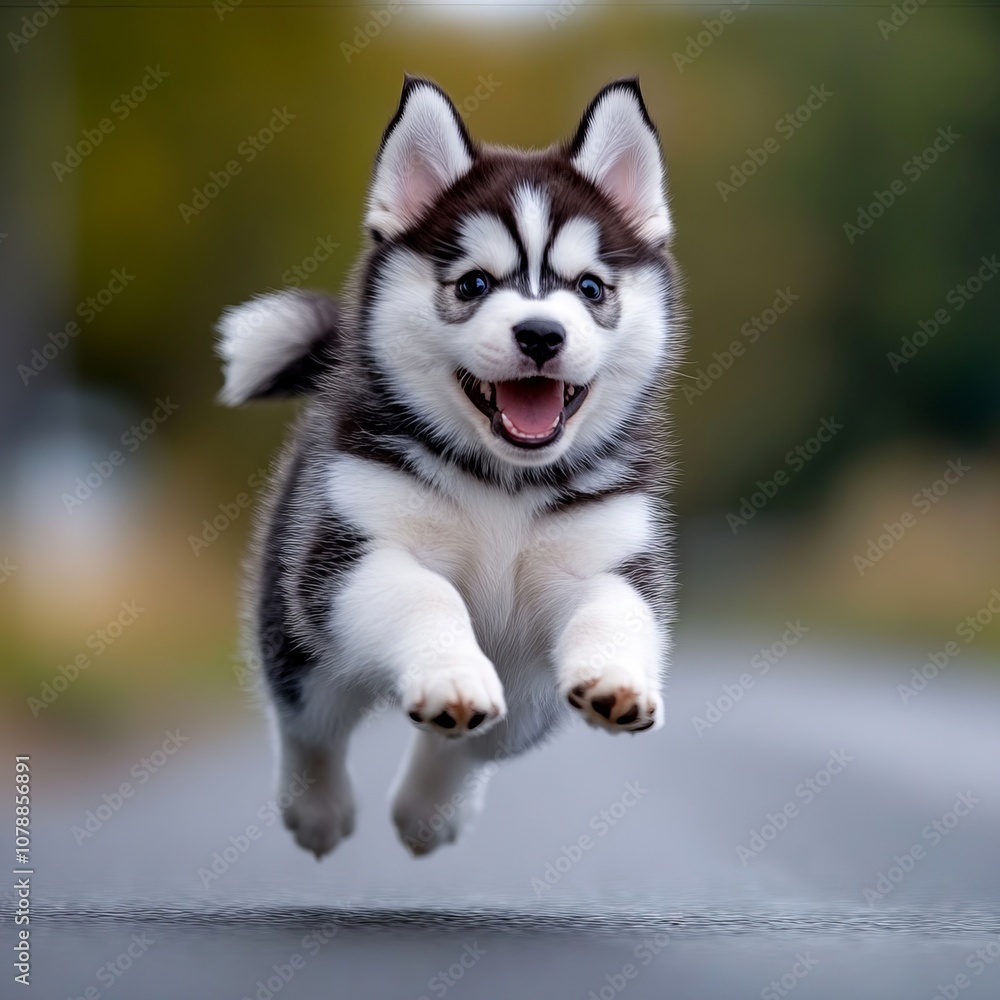 A husky puppy is jumping in the air with its mouth open A husky puppy is jumping in the air with its mouth open