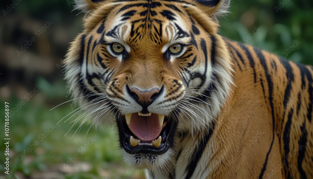 Close up a angry tiger head blurry green nature background. Generative Ai Close up a angry tiger head blurry green nature background. Generative Ai