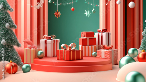 Vibrant Holiday Podium Scene Featuring Christmas Gift Boxes and Decorative Ribbons
