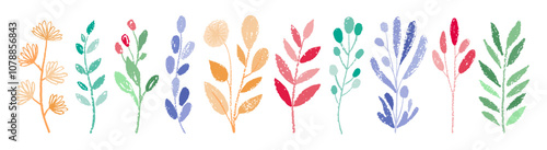 Leaf, flower, branch vector plant set. Floral watercolor brush or crayon pattern background. Chalk element. Spring hand drawn foliage, abstract pastel with leaf, branch, flower. Winter Christmas plant