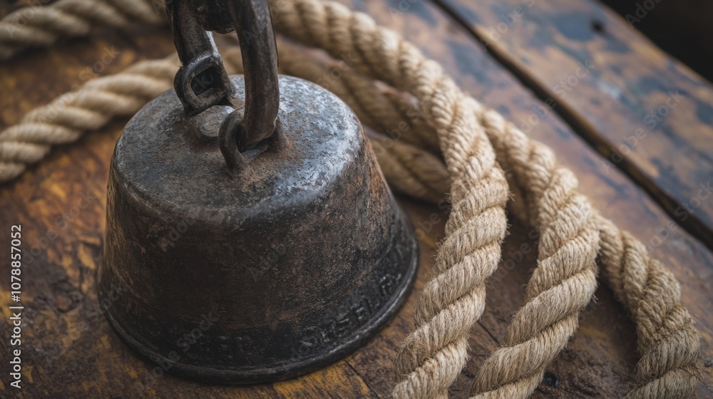 Fototapeta premium Rustic Nautical Bell with Rope on Wooden Surface