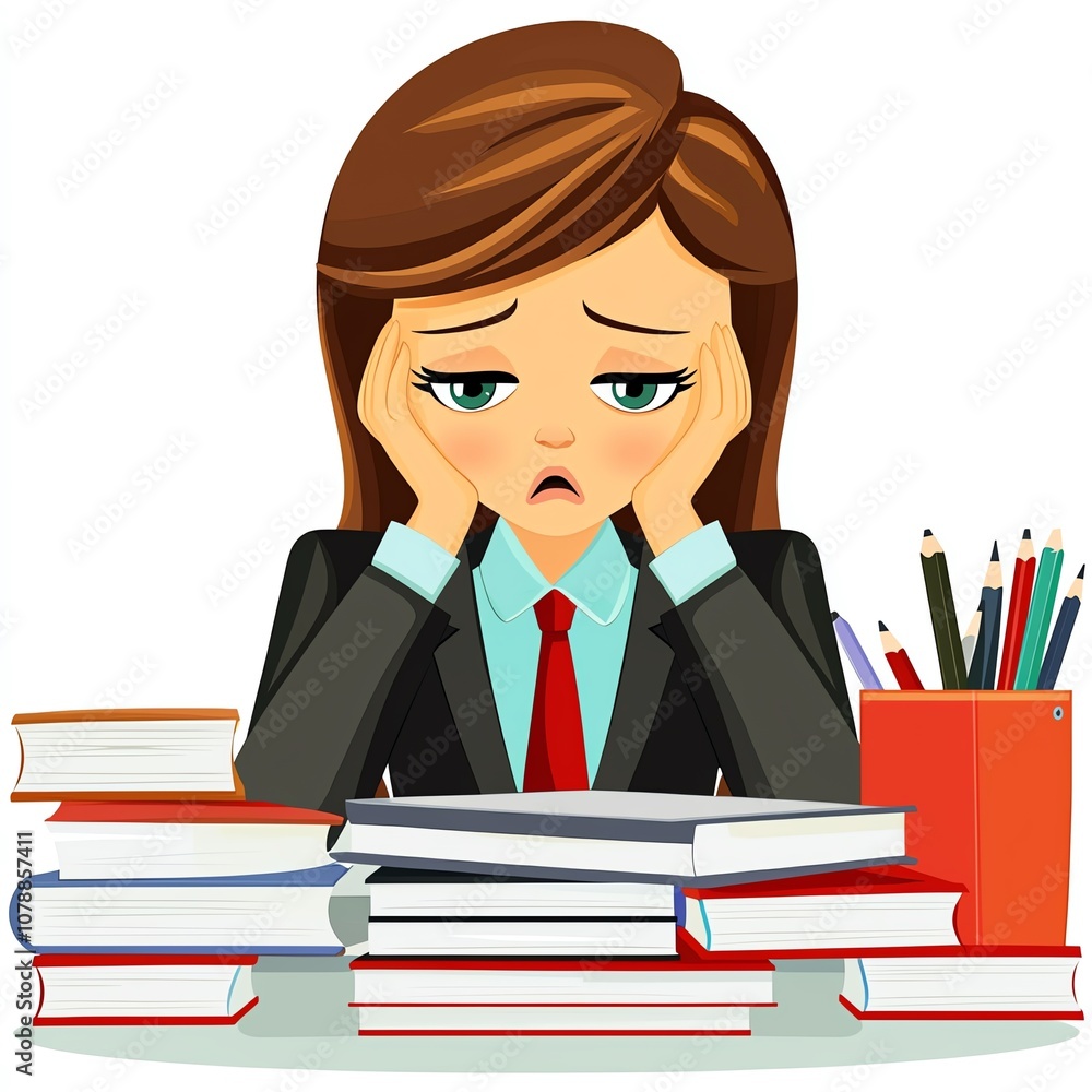 Depressed woman in a suit surrounded by books, expressing stress and overwhelm from academic or work-related pressures. Depressed woman in a suit surrounded by books, expressing stress and overwhelm from academic or work-related pressures.