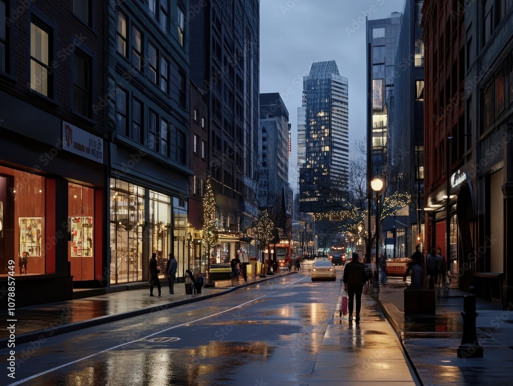 A city street at night with a few people walking around. The street is lit up with lights and the buildings are tall A city street at night with a few people walking around. The street is lit up with lights and the buildings are tall