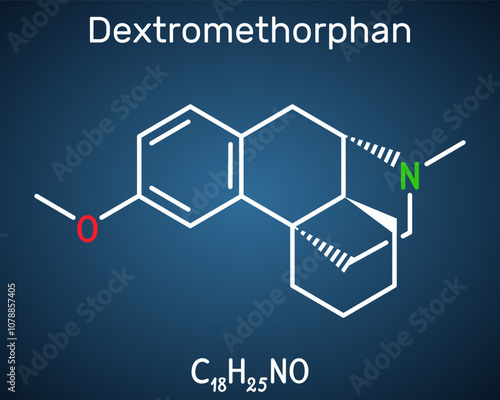 Dextromethorphan (DXM) molecule. Antitussive drug. Structural chemical formula, dark blue background. Vector photo